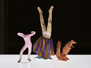 “Pink fighter, head down, weasily squirrel” - wood, plaster, wire, cloth, fired clay, dimensions variable, Highlanes Gallery Drogheda